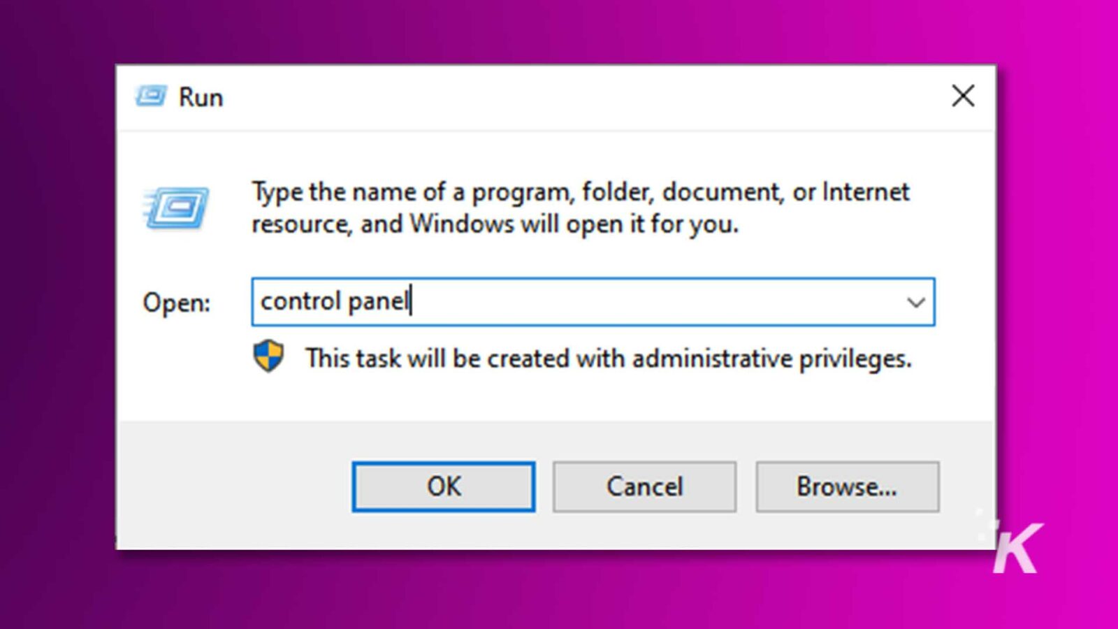 Se solicita al usuario que abra el Panel de control con privilegios administrativos para crear una tarea. Texto completo: Ejecutar X Escriba el nombre de un programa, carpeta, documento o recurso de Internet y Windows lo abrirá. Abierto: panel de control| V Esta tarea se creará con privilegios administrativos. Aceptar Cancelar Explorar... K