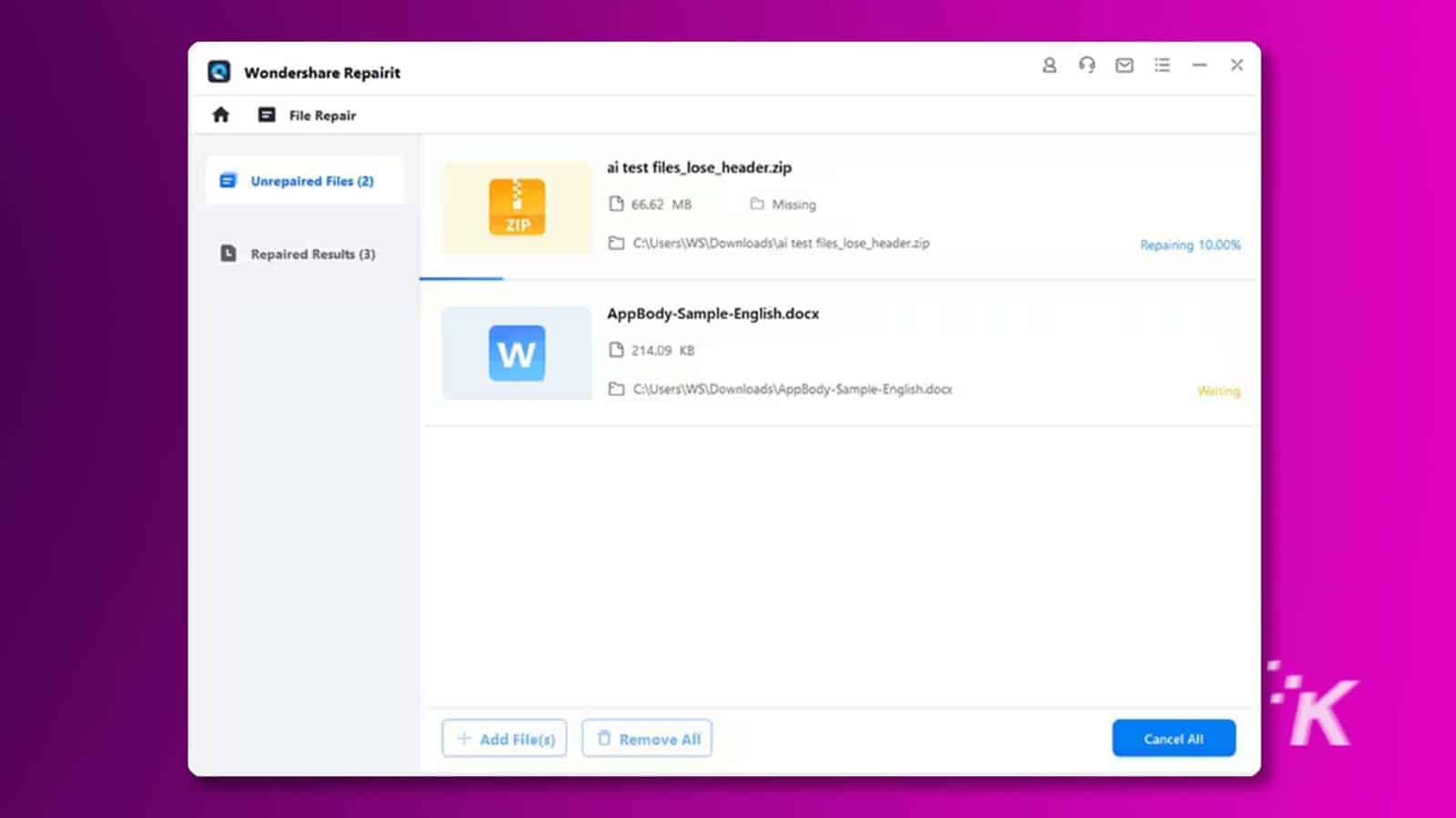 Wondershare Repairit 8 軟件正在修復之前未修復的兩個文件，一個 zip 文件和一個 docx 文件。全文： Wondershare Repairit 8 0 0= - X 文件修復未修復的文件(2) ai test files_lose_header.zip E 66.62 MB 缺失ZIP L 修復結果(3) E] C:UsersWSDownloadsai test files_Jose_header.zip 修復10.00% AppBody-Sample - English.docx W 214.09 KB E C:UsersWSDownloadsAppBody-Sample-English.docx 等待 K + 添加文件 全部刪除 全部取消