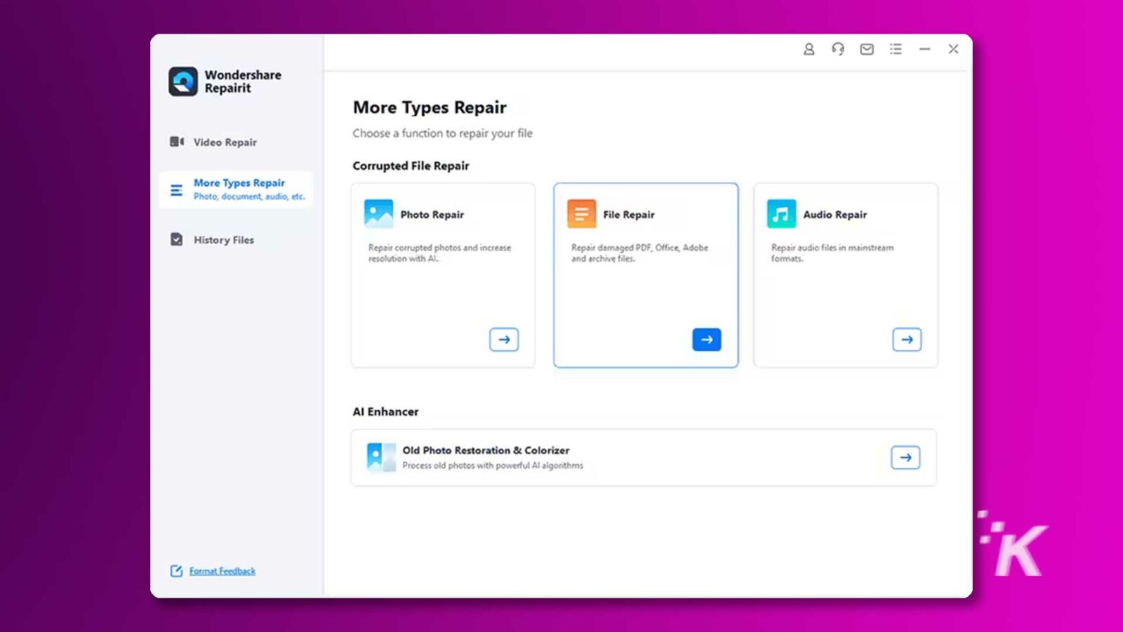 在此图中，用户可以使用 Wondershare Repairit 来使用多种选项来修复不同类型的文件，包括照片、文档、音频和档案。全文: 800= - X Wondershare Repairit 更多类型 修复视频修复 选择一个功能来修复您的文件 损坏的文件修复 更多类型 修复照片、文档、音频等。 照片修复 文件修复 音频修复 。历史文件修复损坏的照片并增加修复损坏的 PDF、Office、Adobe 使用 Al 修复主流分辨率的音频文件。和归档文件。格式。 -> Al 增强器 老照片修复和着色器 使用强大的 Al 算法处理旧照片 K 格式反馈