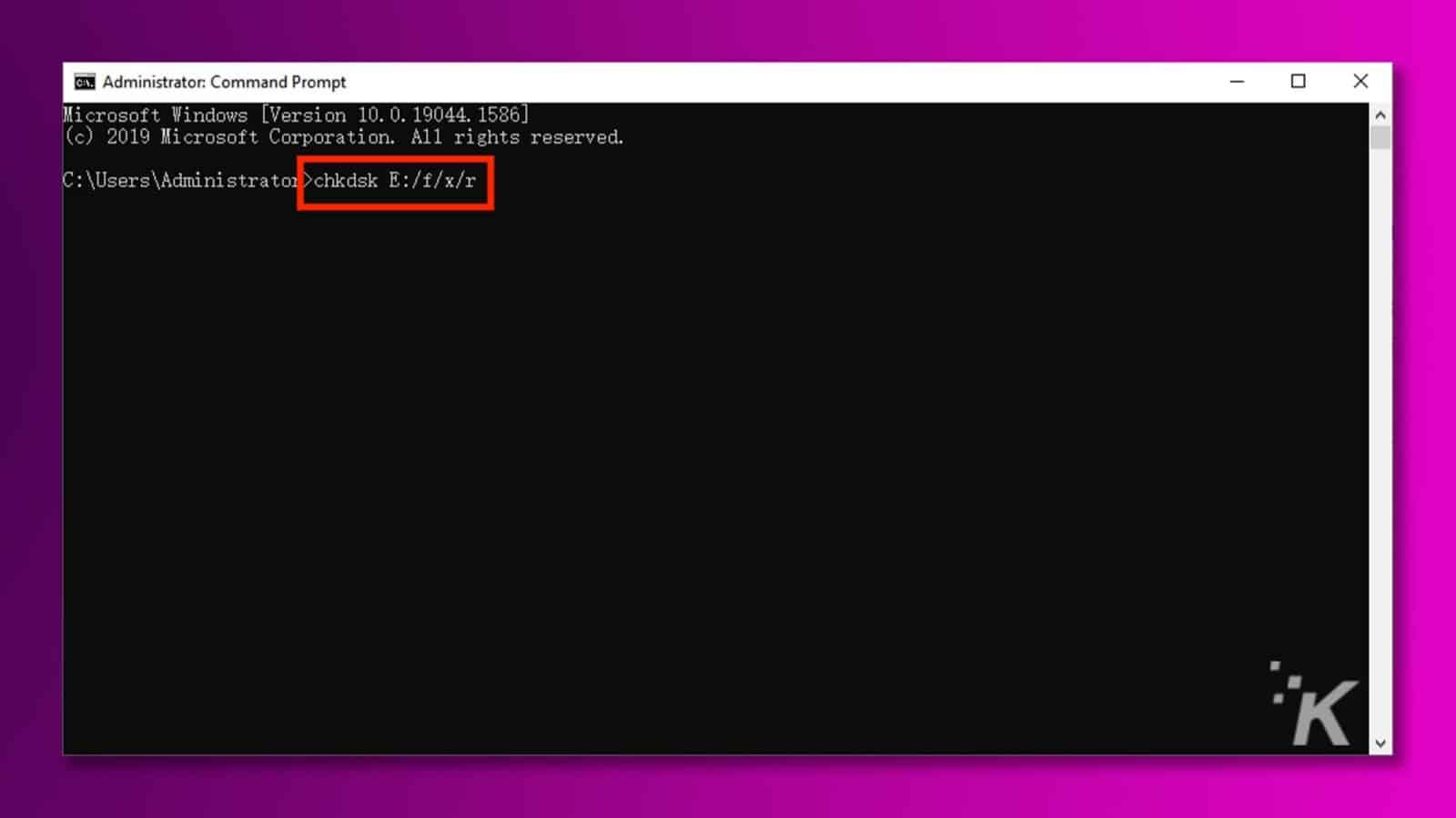 O prompt de comando está executando uma verificação de disco na unidade E: para localizar e reparar quaisquer erros. Texto completo: C:. Administrador: Prompt de Comando - × Microsoft Windows [Versão 10. 0. 19044. 1586] A (c) 2019 Microsoft Corporation. Todos os direitos reservados. C: Administrador de usuários >chkdsk E:/f/x/r V