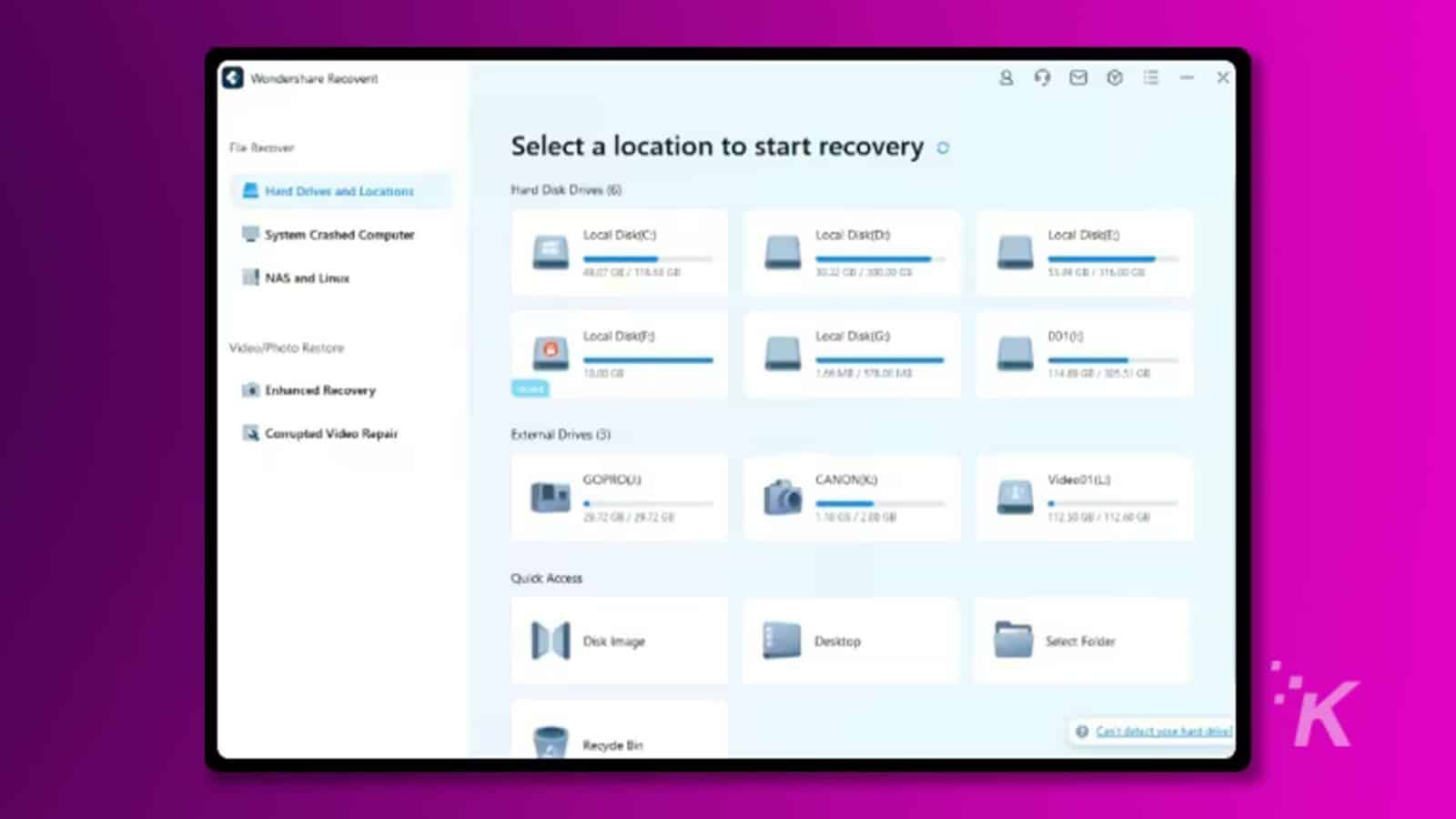 Écran de sélection de l'emplacement du logiciel Recoverit