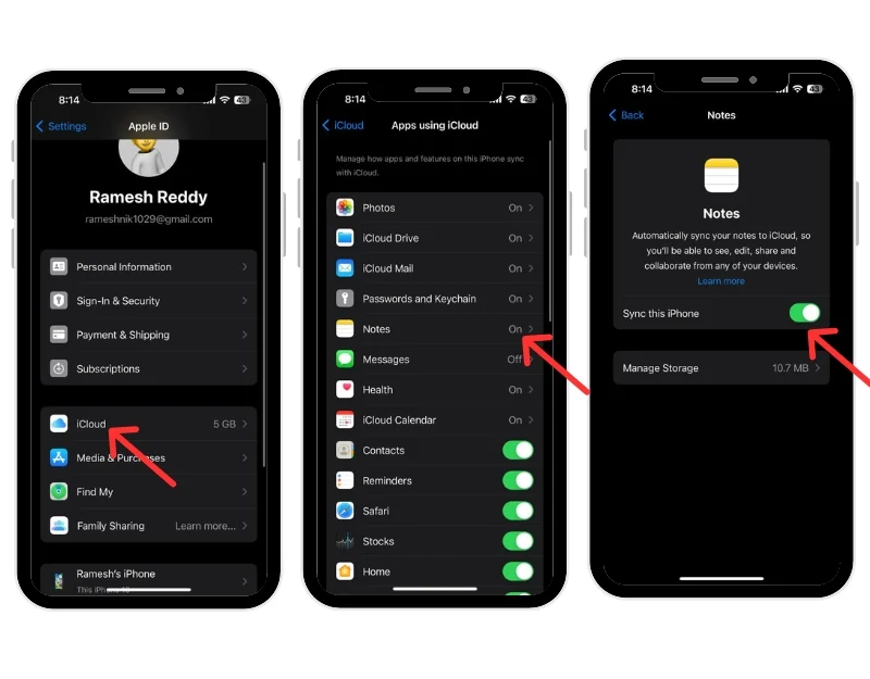 enable sync for apple notes on iphone