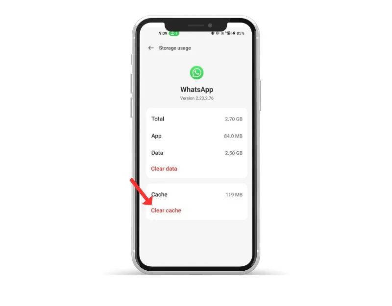 image showing whatsapp clear cache settings