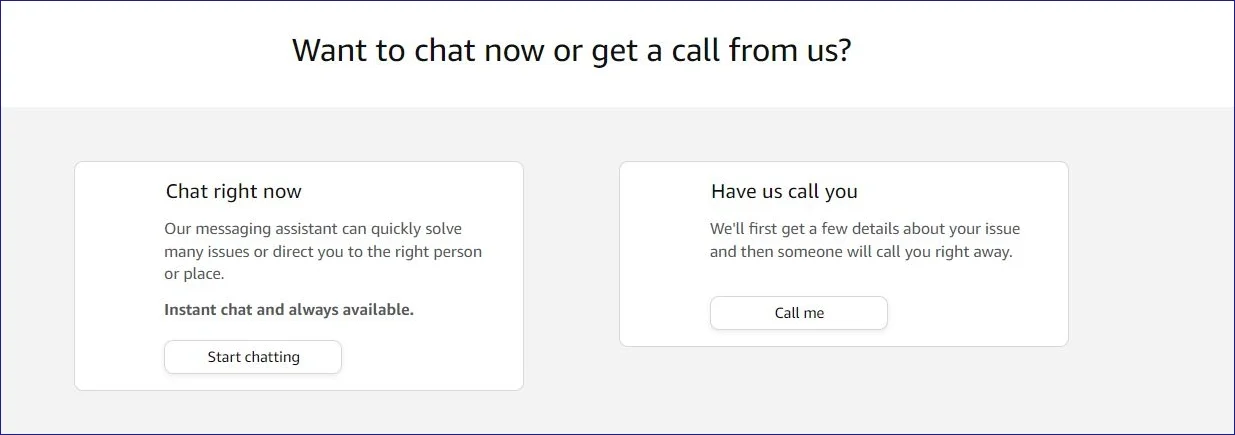 choose to chat or call with amazon customer support