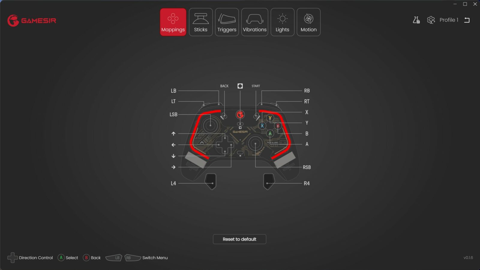 Benutzeroberfläche der Gamesir t4k-App