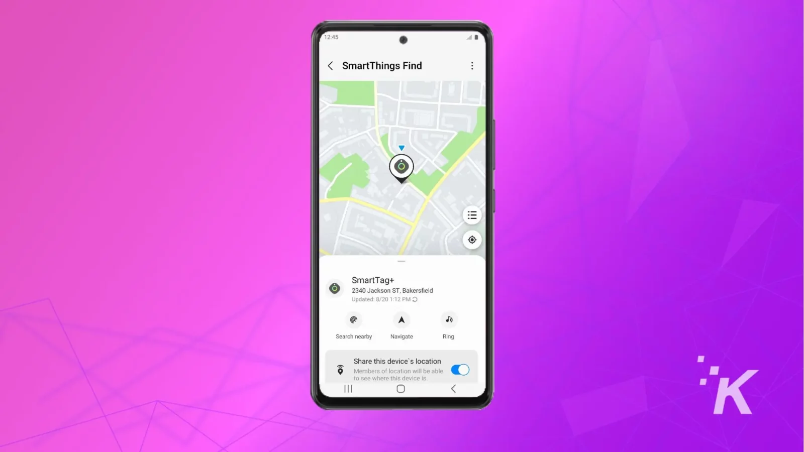 Smartthings find interface showing location