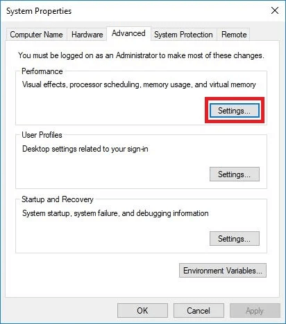 Advanced tab and select Performance Settings