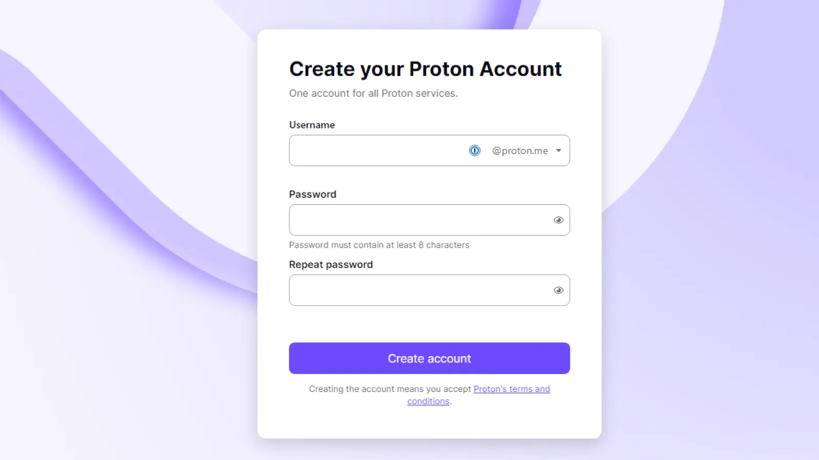 Screenshot of proton mail sign up page