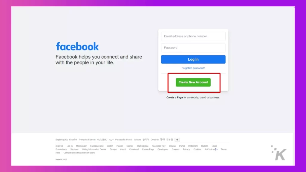 Facebook sign up screen