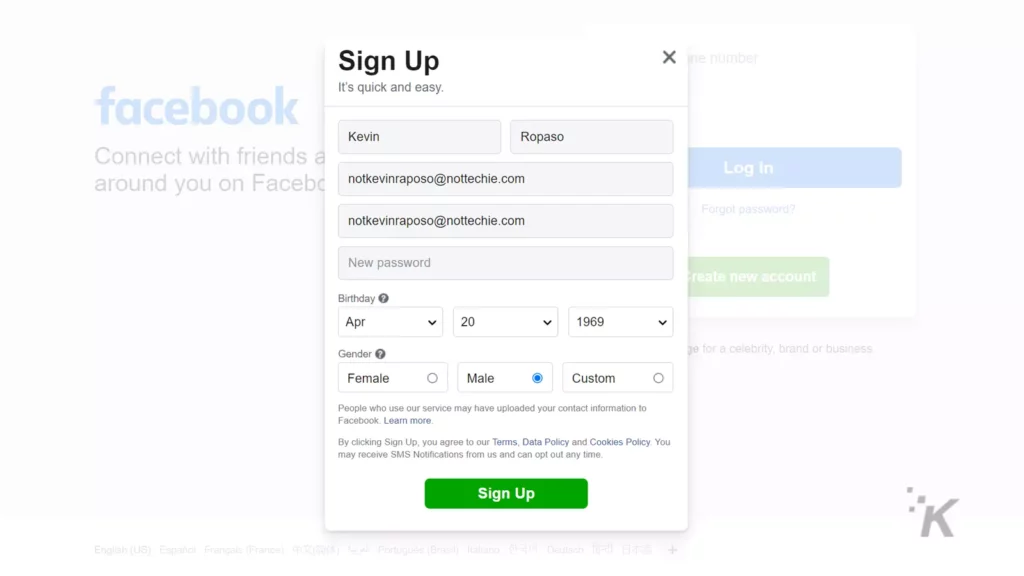 Facebook sign up screen