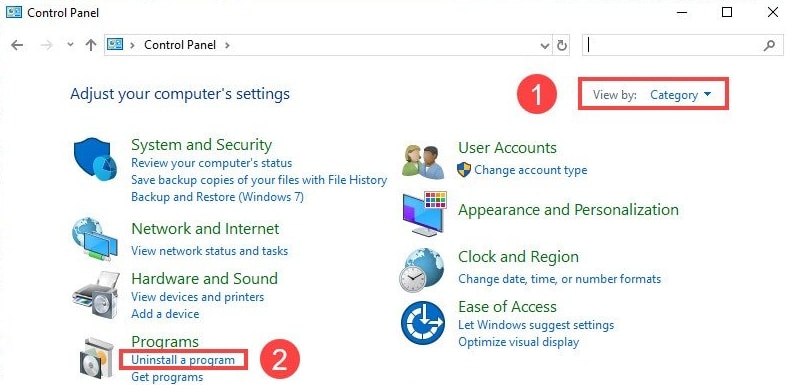click Uninstall a Program under the Program section