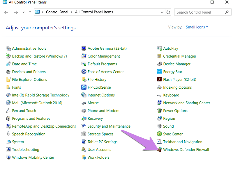 Control panel - Windows Defender Firewall