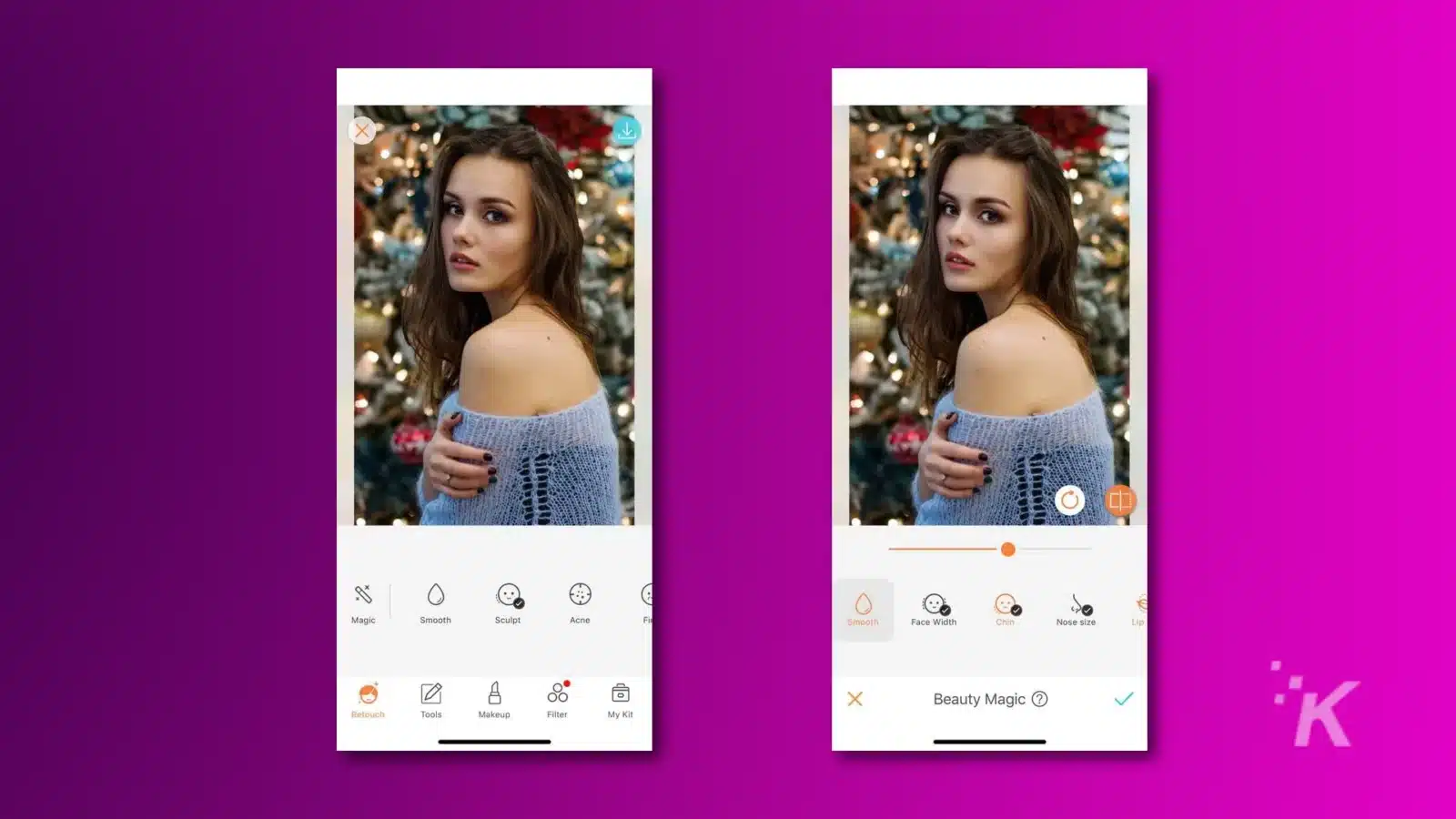 Screenshots of the airbrush beauty filter app