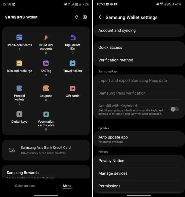 accessing samsung wallet settings