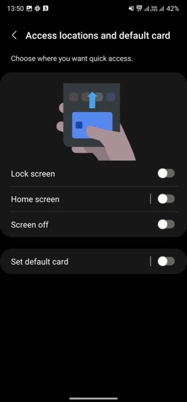 access locations and default card page in samsung wallet