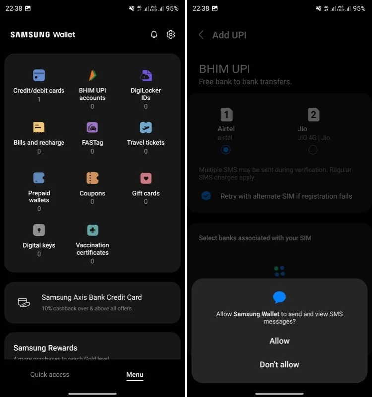 bhim upi setup screen on samsung wallet