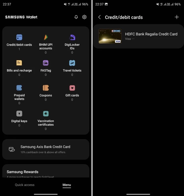 credit/debit card setup screen on samsung wallet