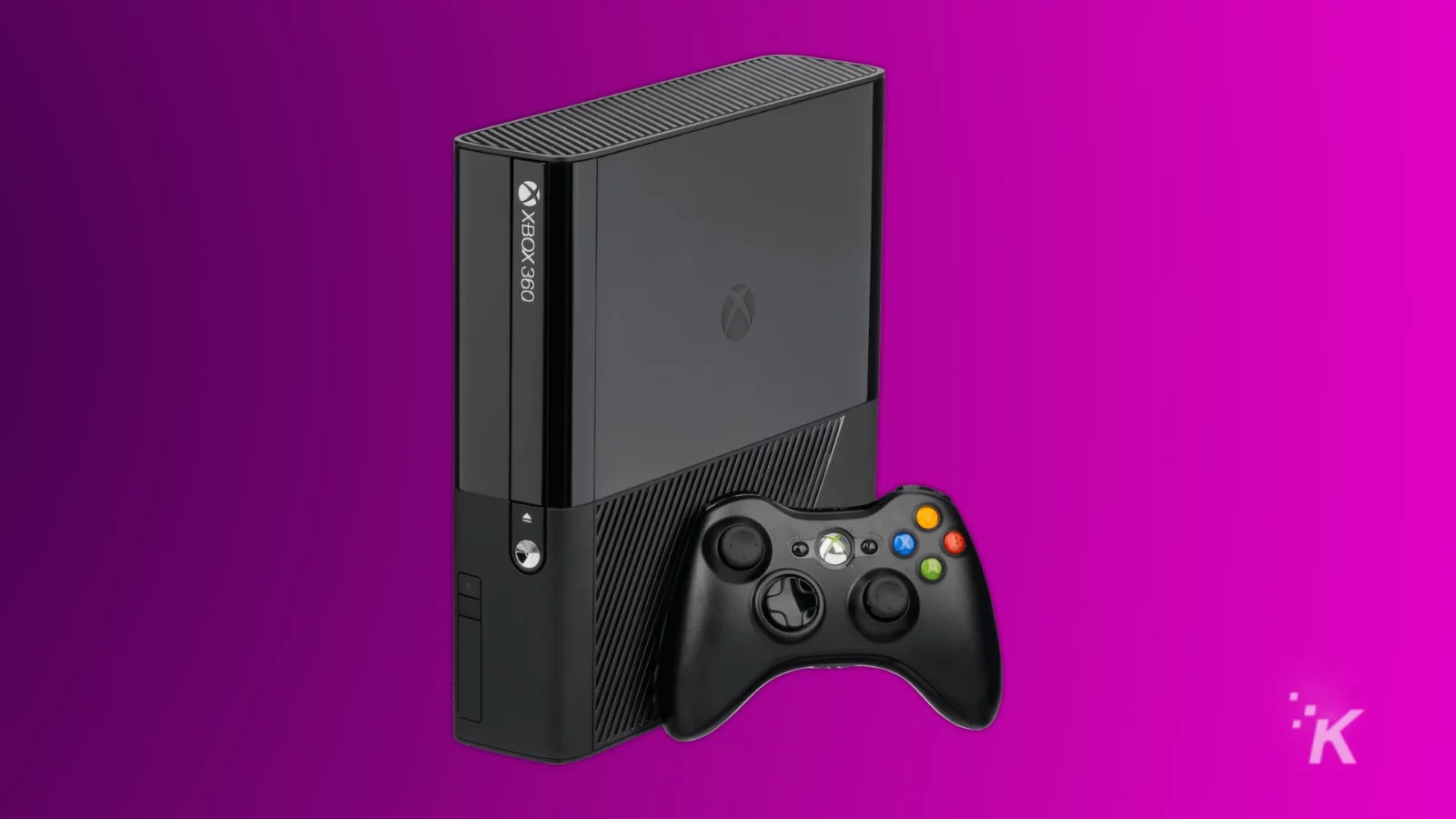 Xbox 360 e console on a purple background