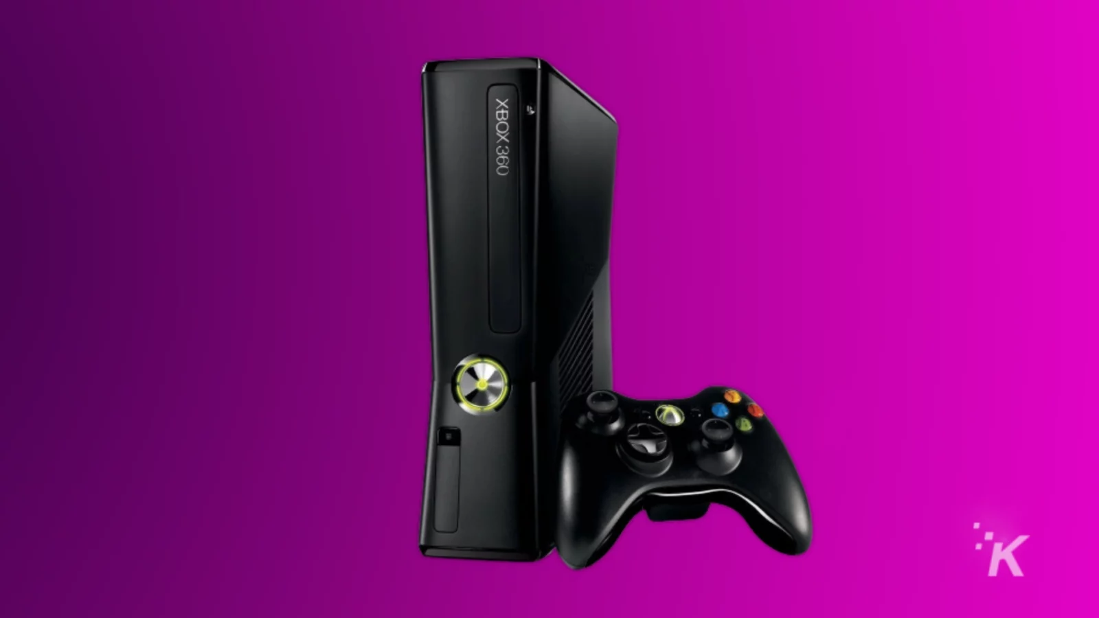 Xbox 360 slim console and controller on a purple background