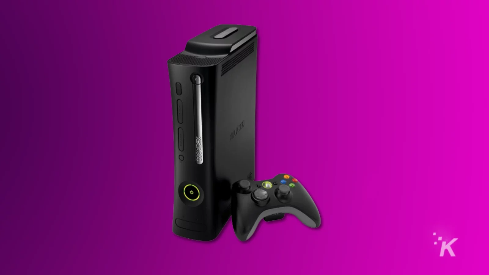 Xbox 360 elite console and controller on a purple background