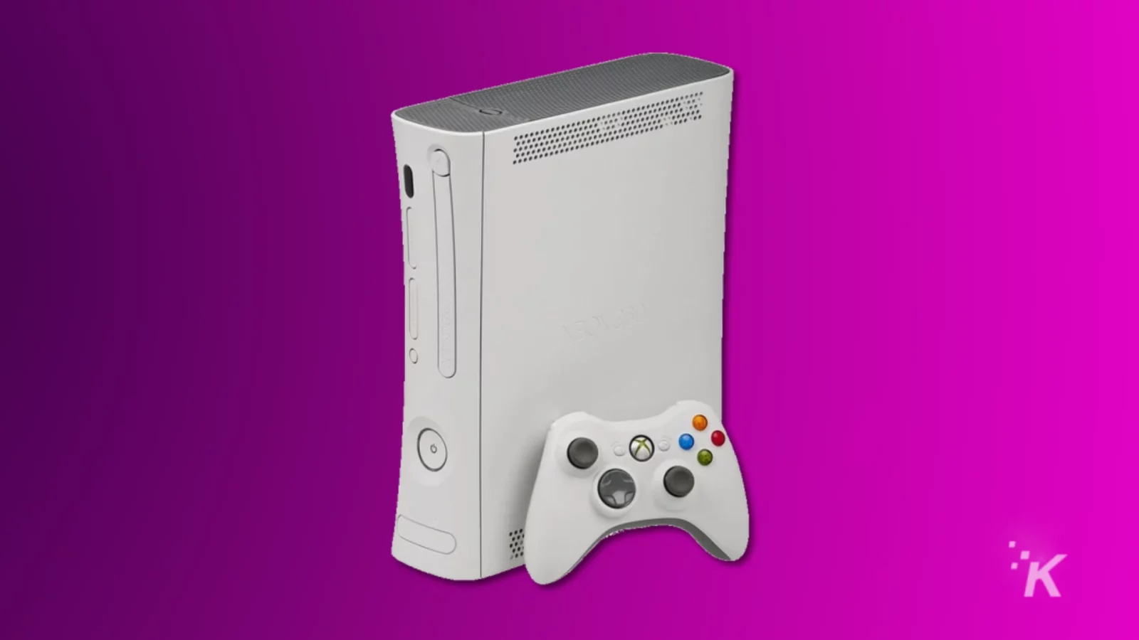 Xbox 360 20gb and controller on a purple background