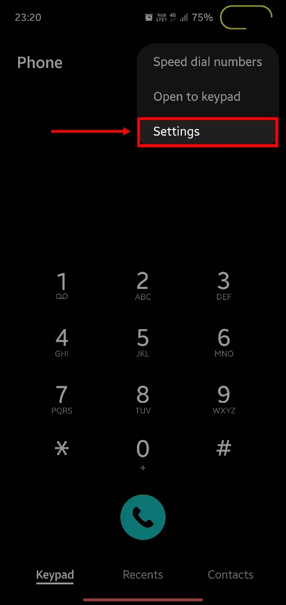 open settings in samsung dialer