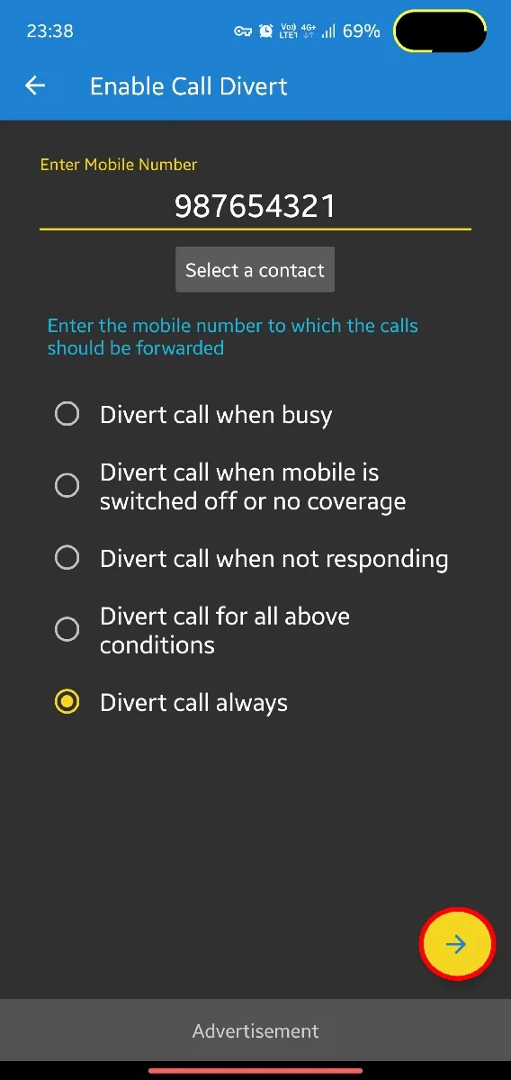 click on yellow arrow to enable call forwarding