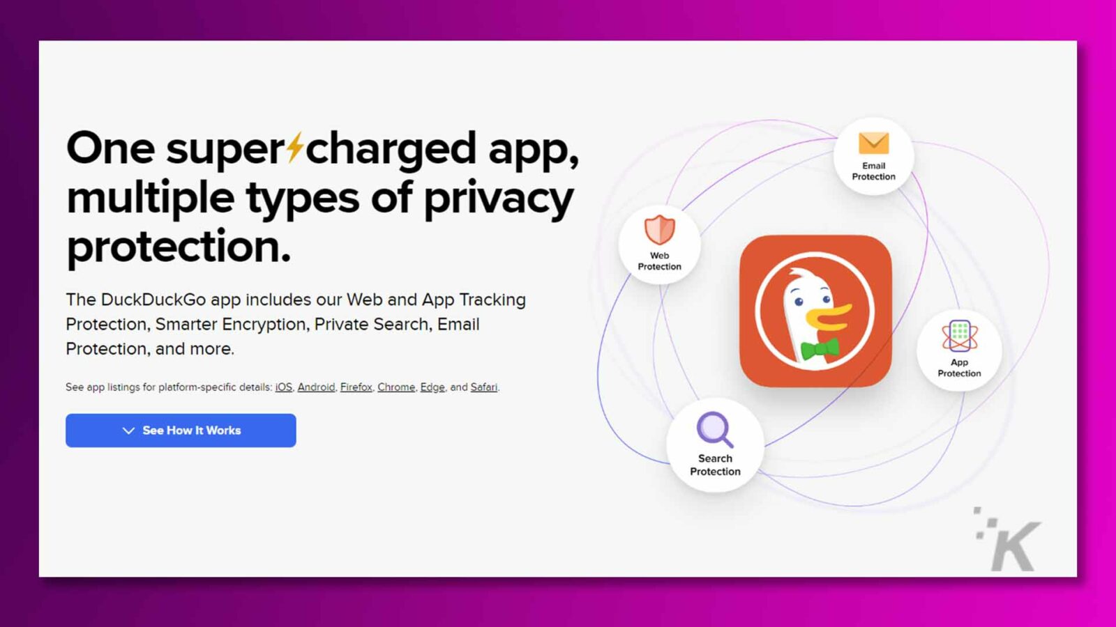 L'app duckduckgo offre diversi tipi di protezione della privacy, come protezione dal tracciamento web e app, crittografia più intelligente, ricerca privata, protezione e-mail e altro ancora, per varie piattaforme come iOS, Android, Firefox, Chrome, Edge e Safari.