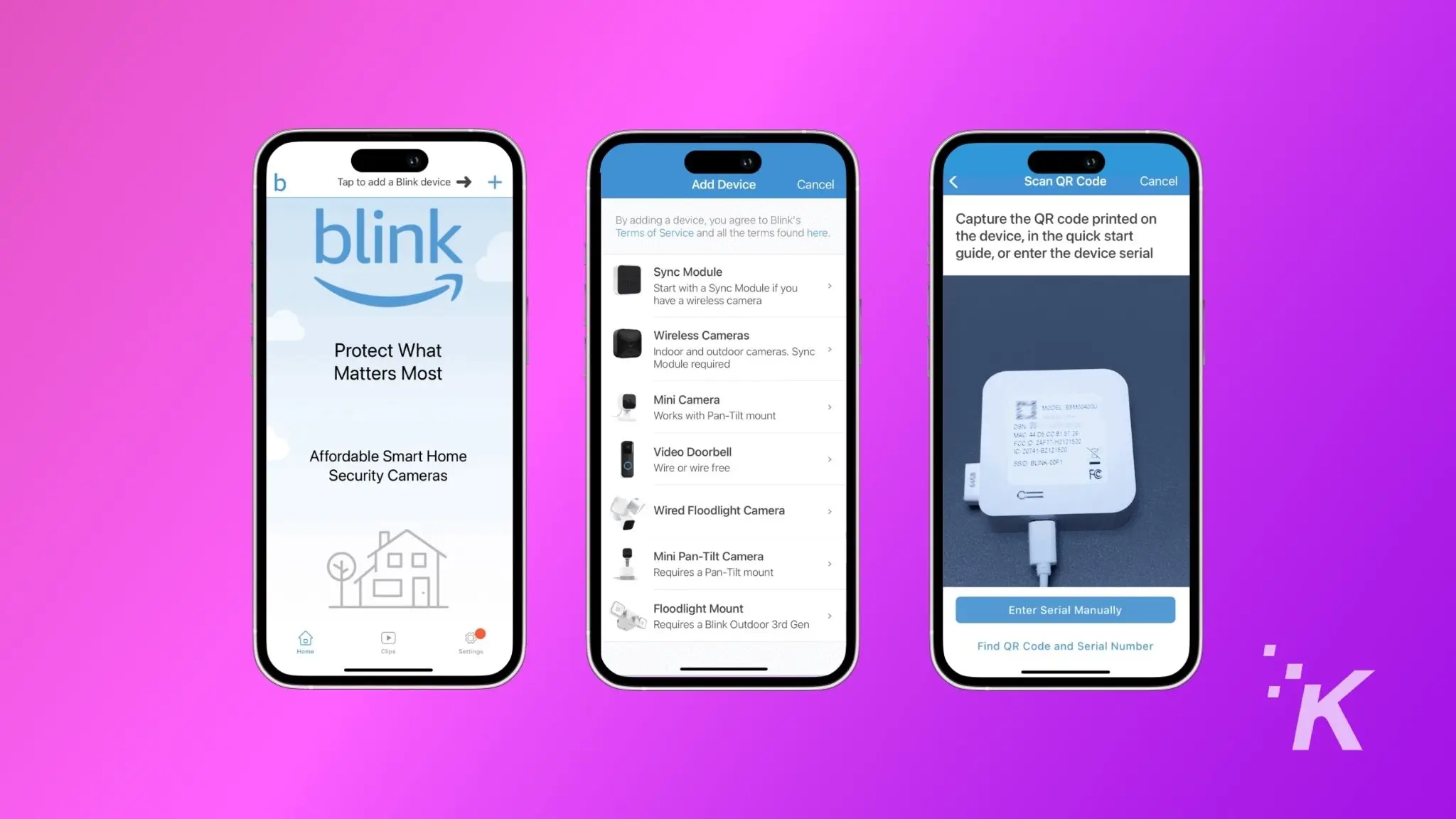 This image shows the process of adding a blink device to a home security system, including scanning a qr code, entering a serial number, and agreeing to the terms of service.