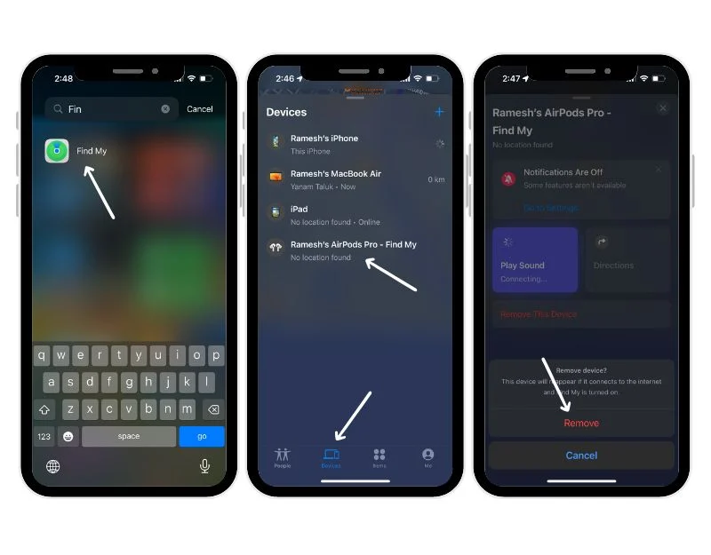 remove airpods from findmy