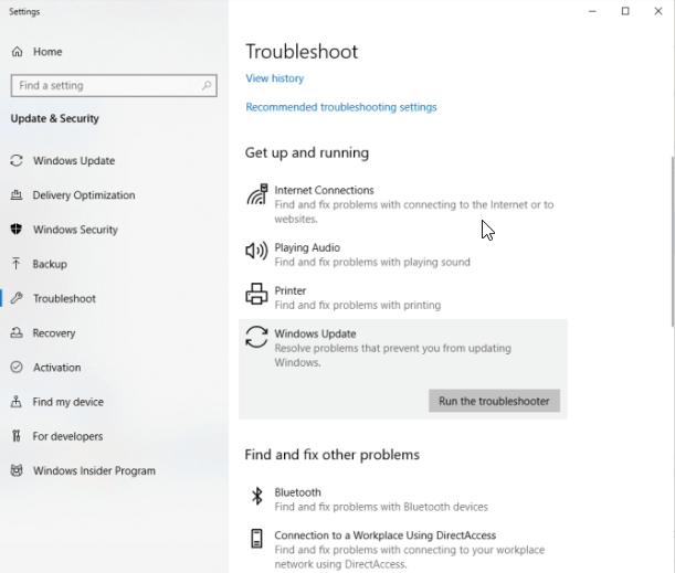 Windows Update Run the troubleshooter