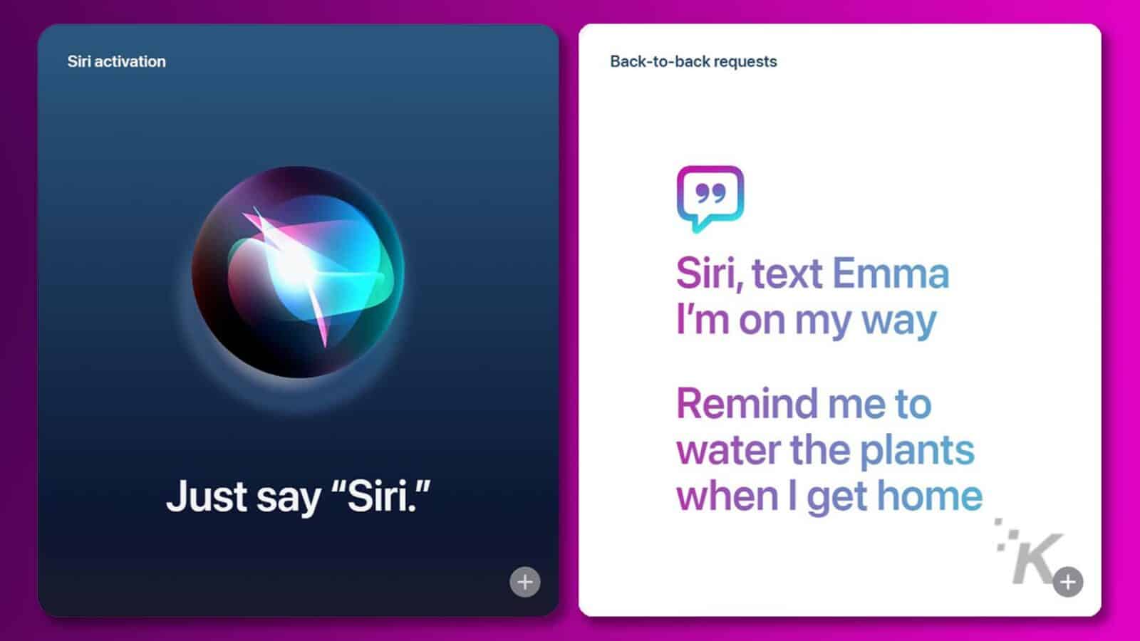 На этом изображении два человека отправляют Siri запросы на выполнение различных задач, например отправку текстового сообщения и установку напоминания.