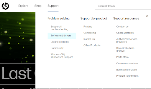 HP Official Support - Click on Software and Driver