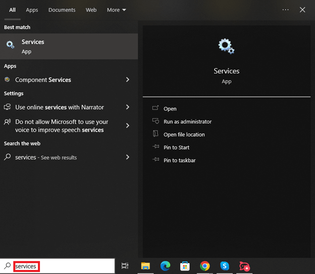 search for Services in windows search