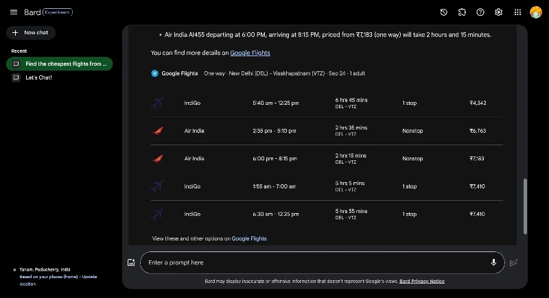 google bard response on cheapest flights