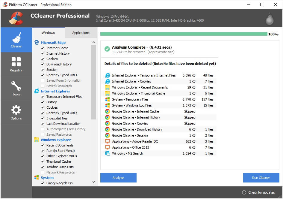 คอนโซลหลักของ CCleaner