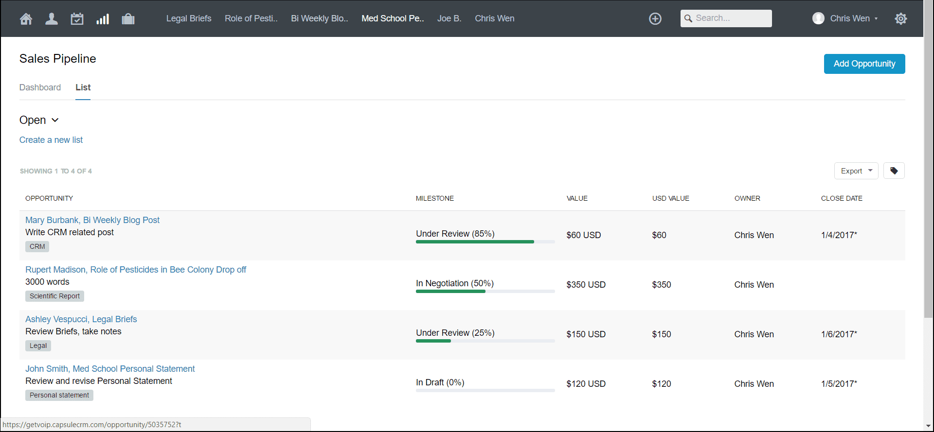 Captura de tela do Capsule CRM