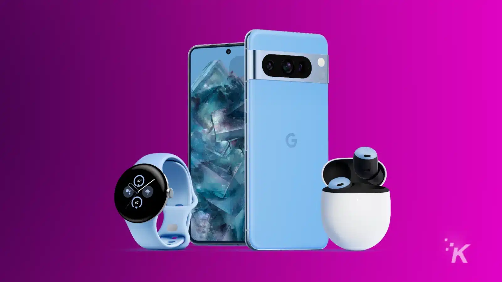 Google pixel 8 and 8 pro smartphones, pixel watch 2 smartwatch and buds pro earbuds on a purple background
