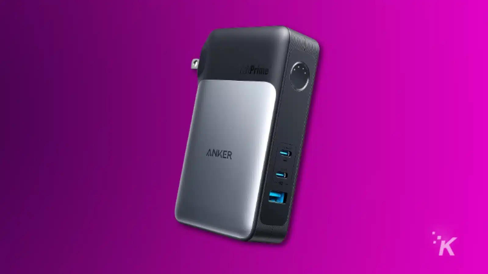 Anker ganprime 10k powerbank and charger on a purple background
