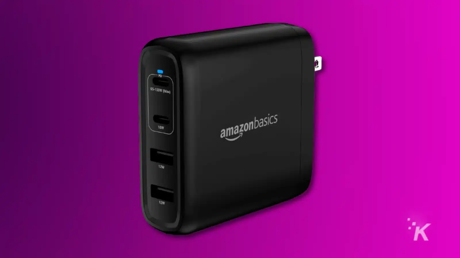 Amazonbasics 100w usb-c charger on a purple background