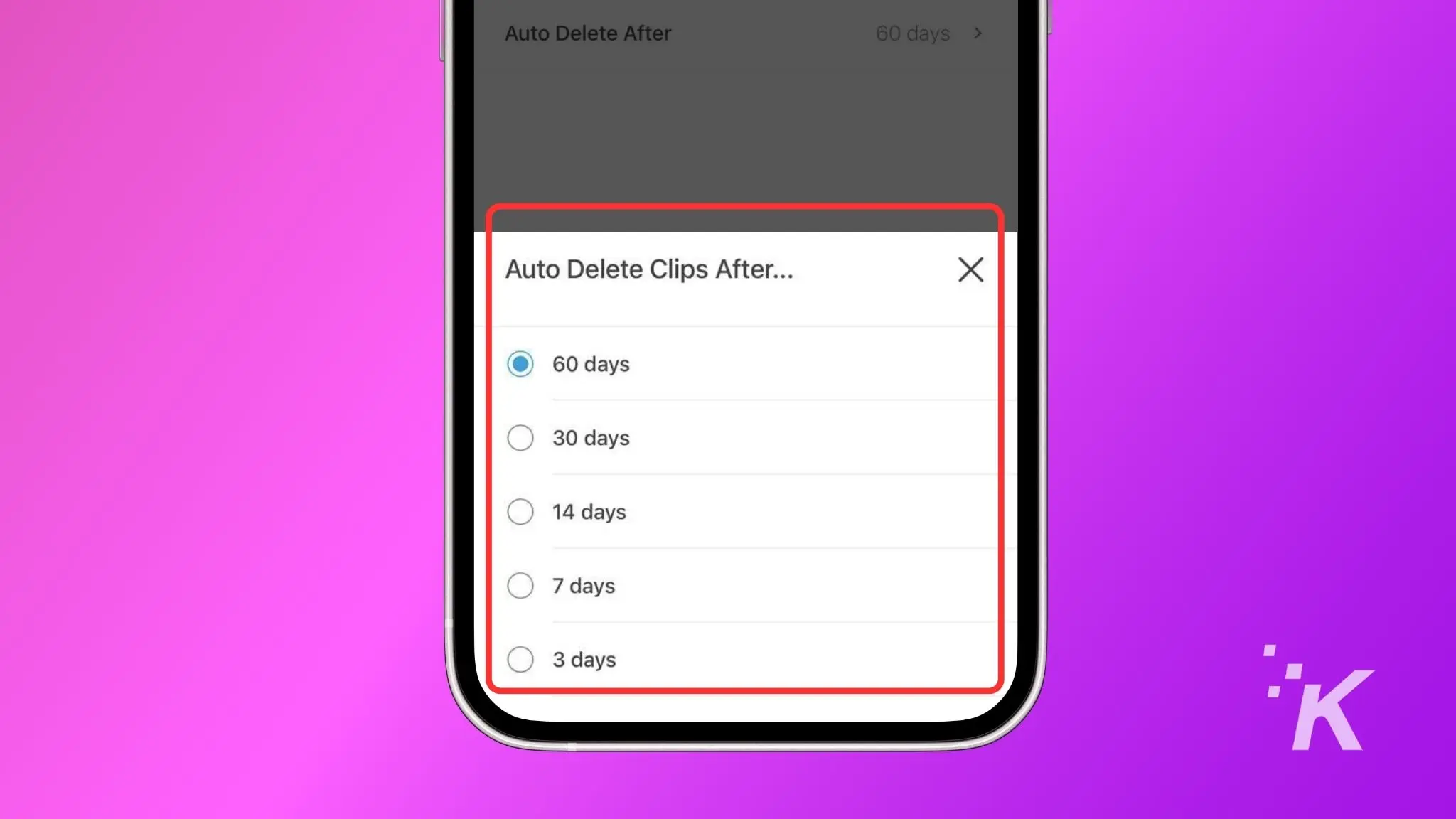 Image showing the auto delete period of your choice in blink app