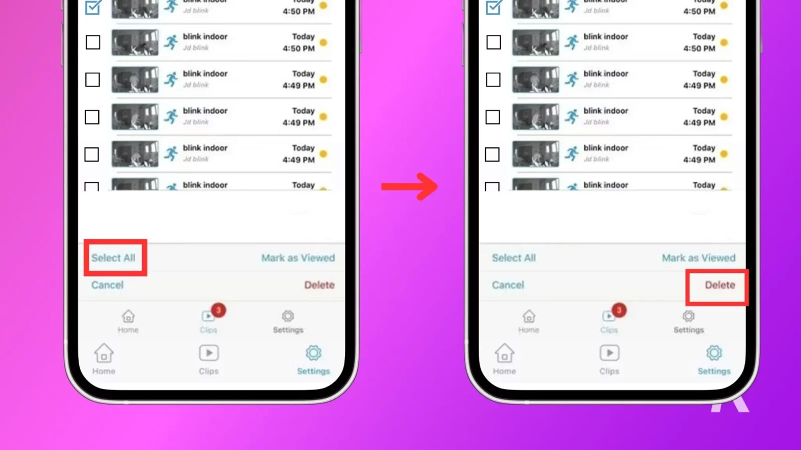 Choose select all to mark all clips and then tap delete