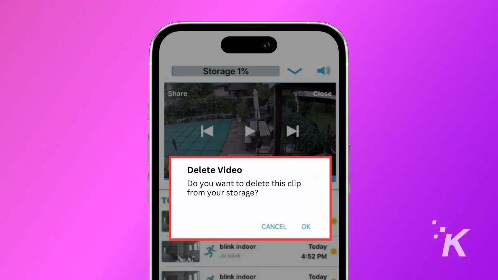 Iphone screen showing confirmation message for delete video on blink app