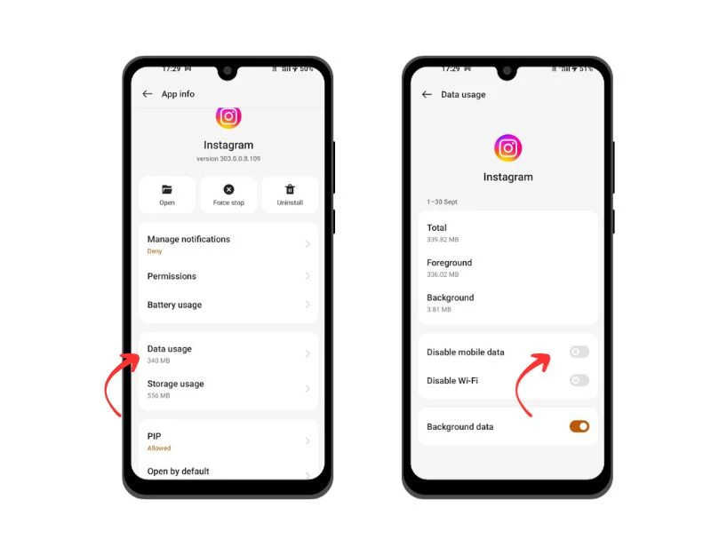 enable mobile data to instagram app