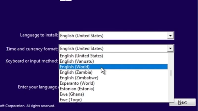 select english (world) in time and currency format dialog box