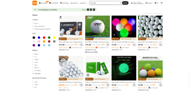 Pelotas de golf en el sitio web de Temu