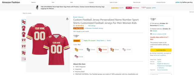 Jersey sepak bola gaya NFL generik dijual di Amazon