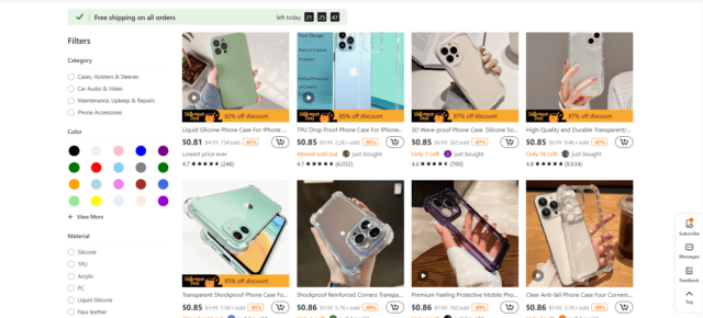 Captura de pantalla de fundas para iPhone disponibles en el sitio web de Temu EE. UU.