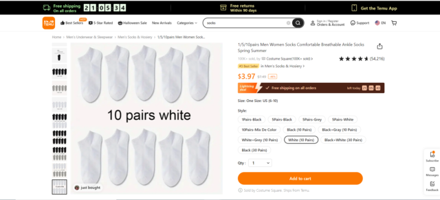 Calcetines blancos baratos a la venta en el sitio web de Temu EE. UU.