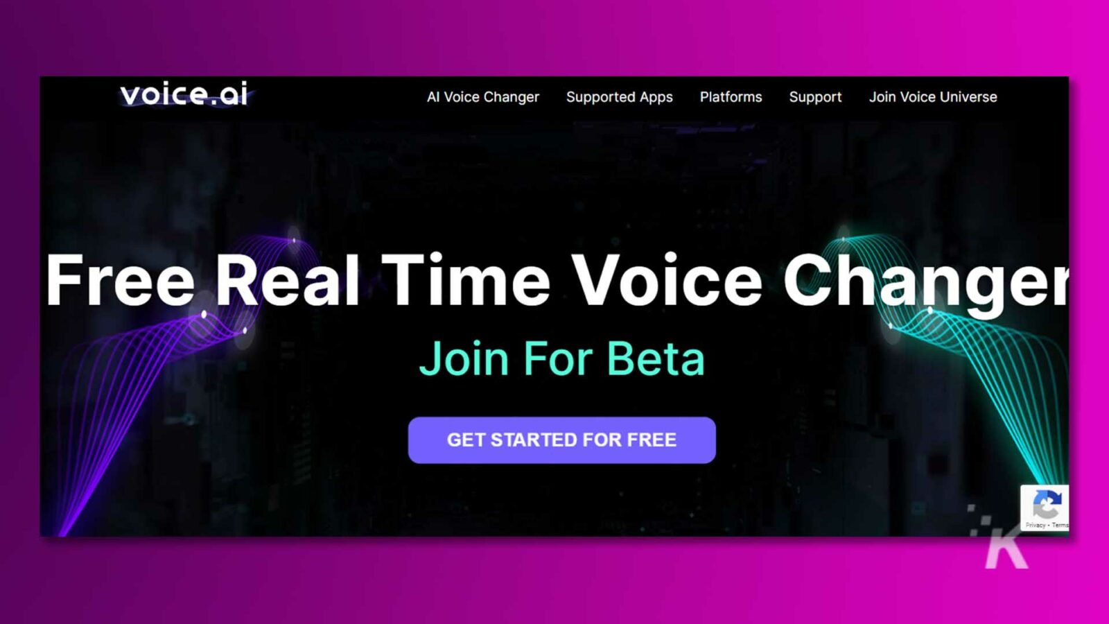 這張圖片正在宣傳一個名為「voice」的人工智慧變聲平台。 Ai，允許用戶免費加入並開始使用即時變聲器。